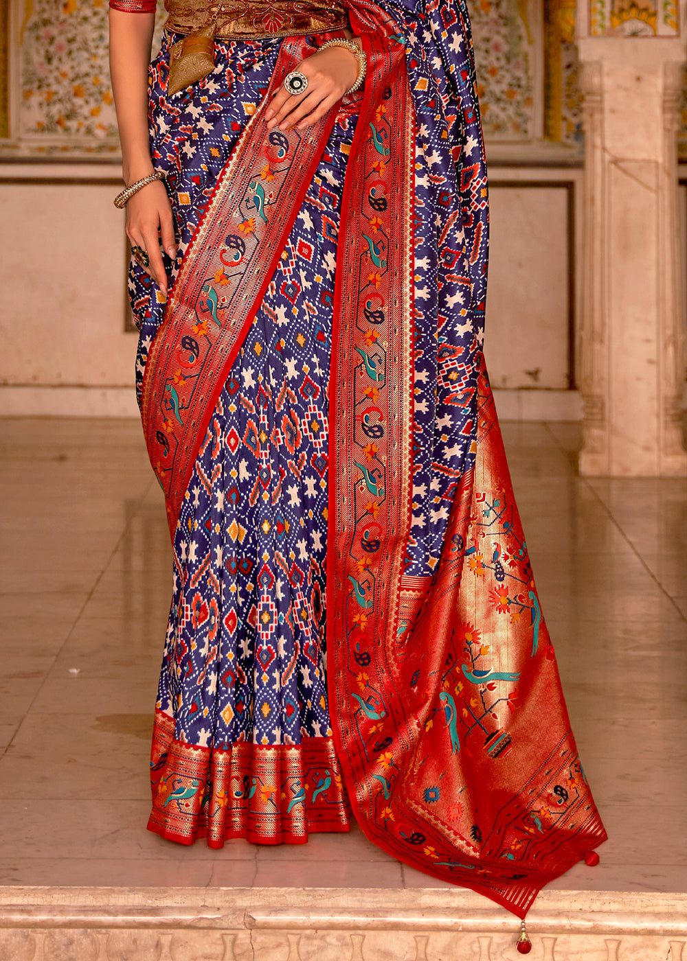 Blue & Red Patola Printed Designer Silk Saree