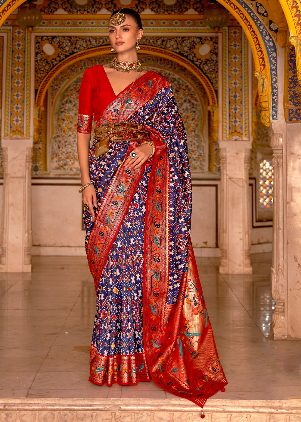 Blue & Red Patola Printed Designer Silk Saree