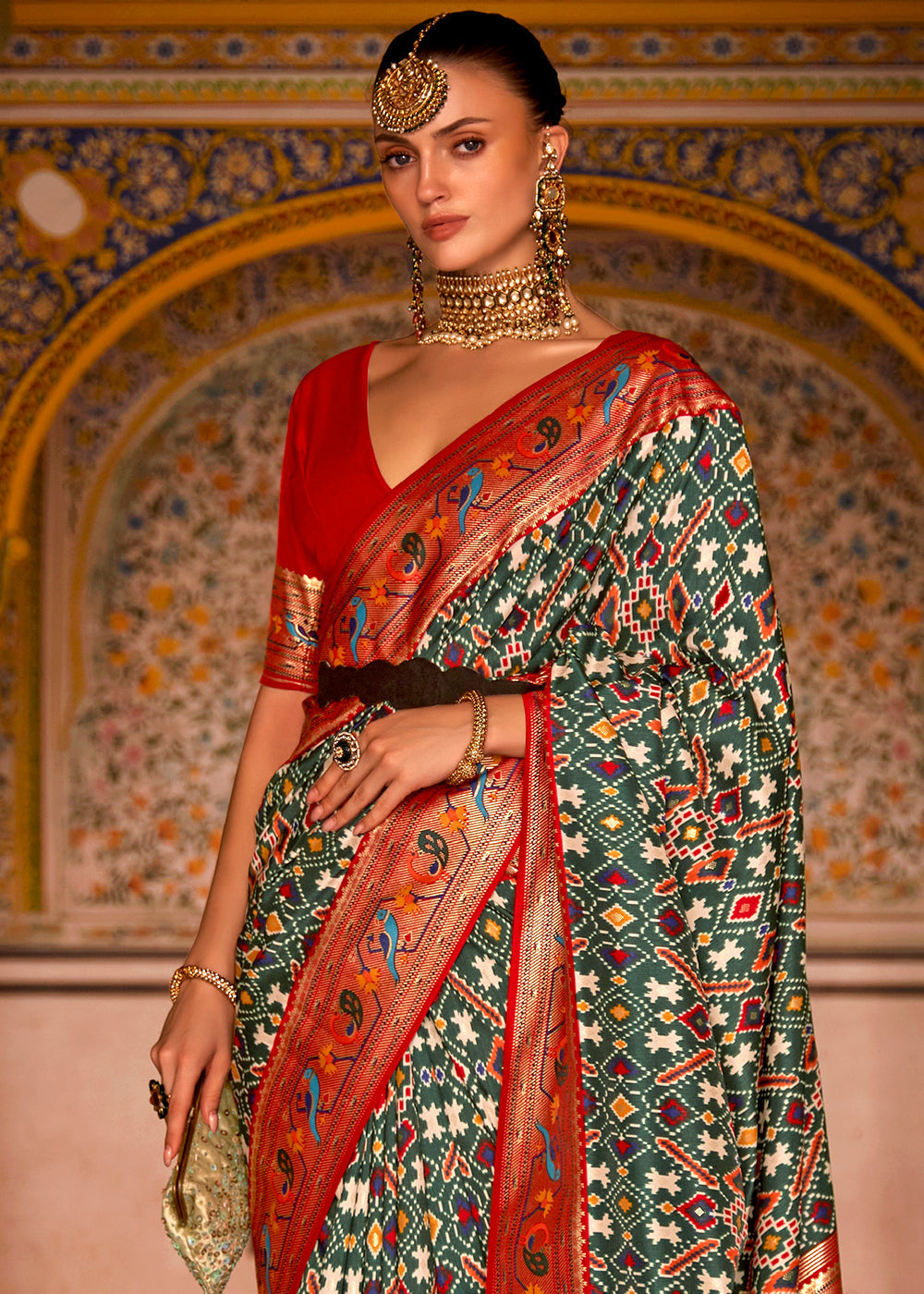 Green & Red Patola Printed Designer Silk Saree
