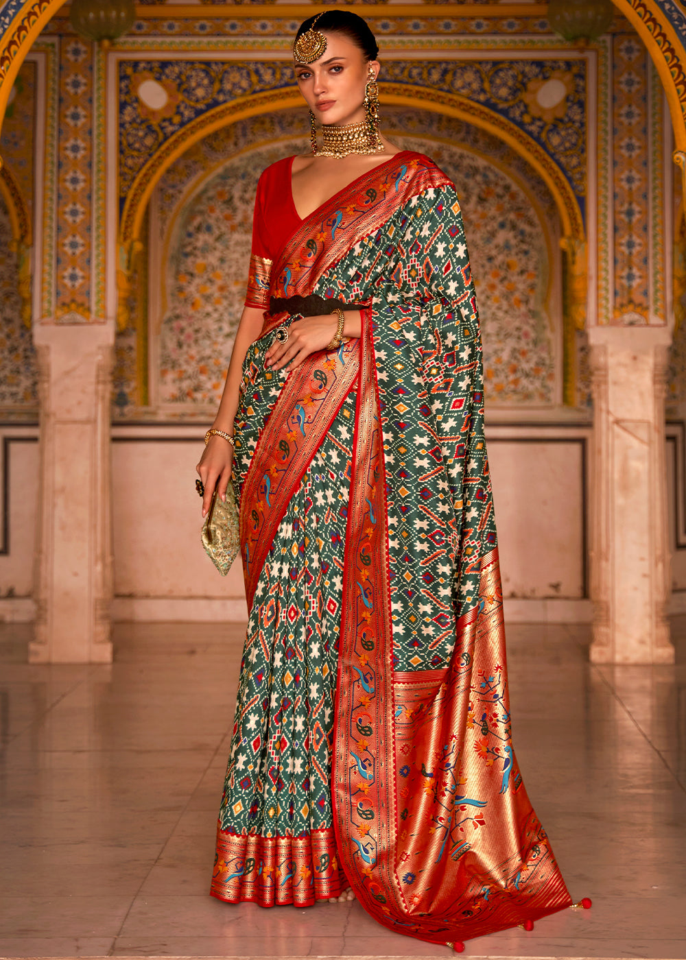 Green & Red Patola Printed Designer Silk Saree