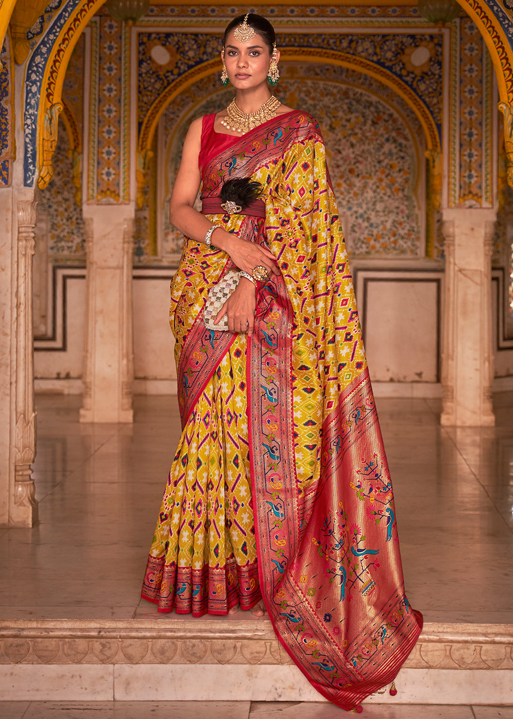 Yellow & Red Patola Printed Designer Silk Saree