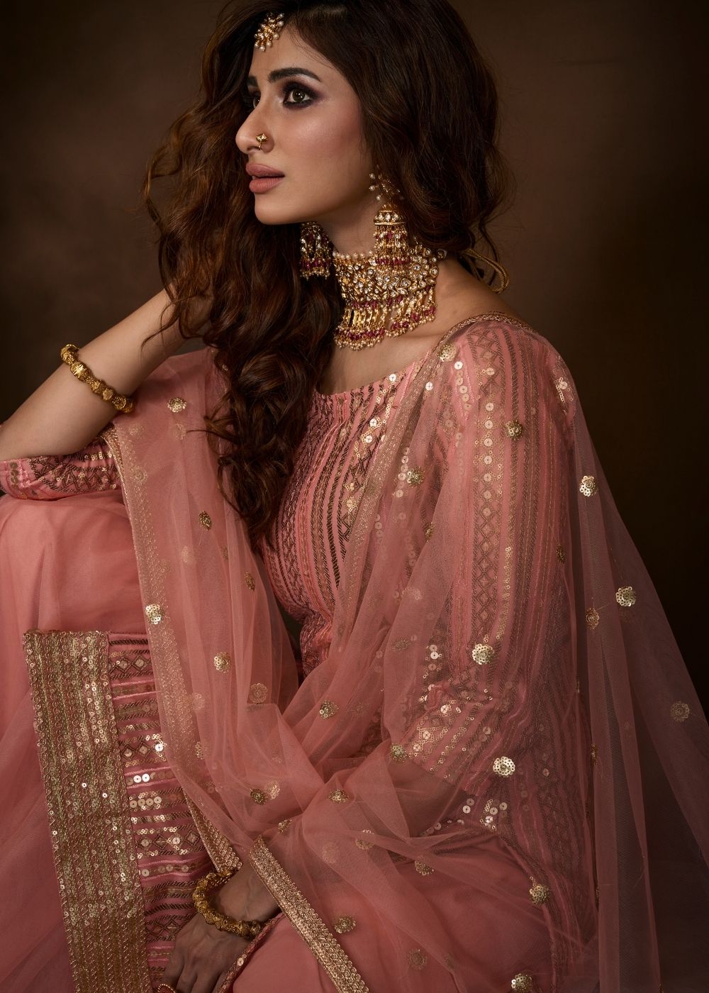 Rouge Pink Designer Soft Net Sharara Suit with Sequin, Thread and Dori work