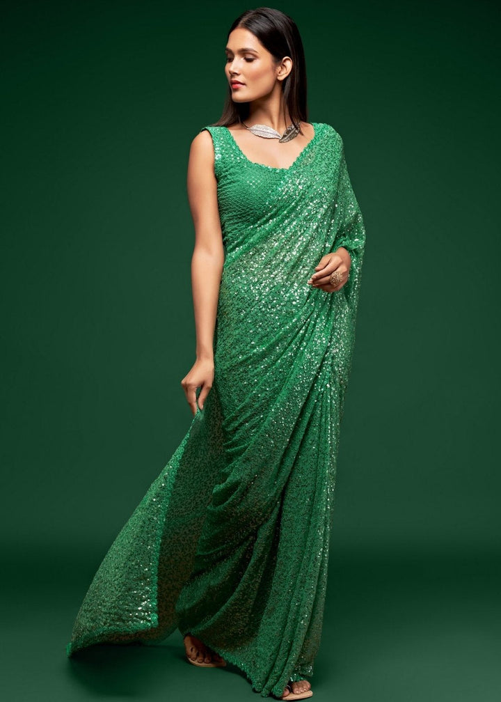 Shamrock Green Sequins & Thread Embroidered Designer Georgette Saree