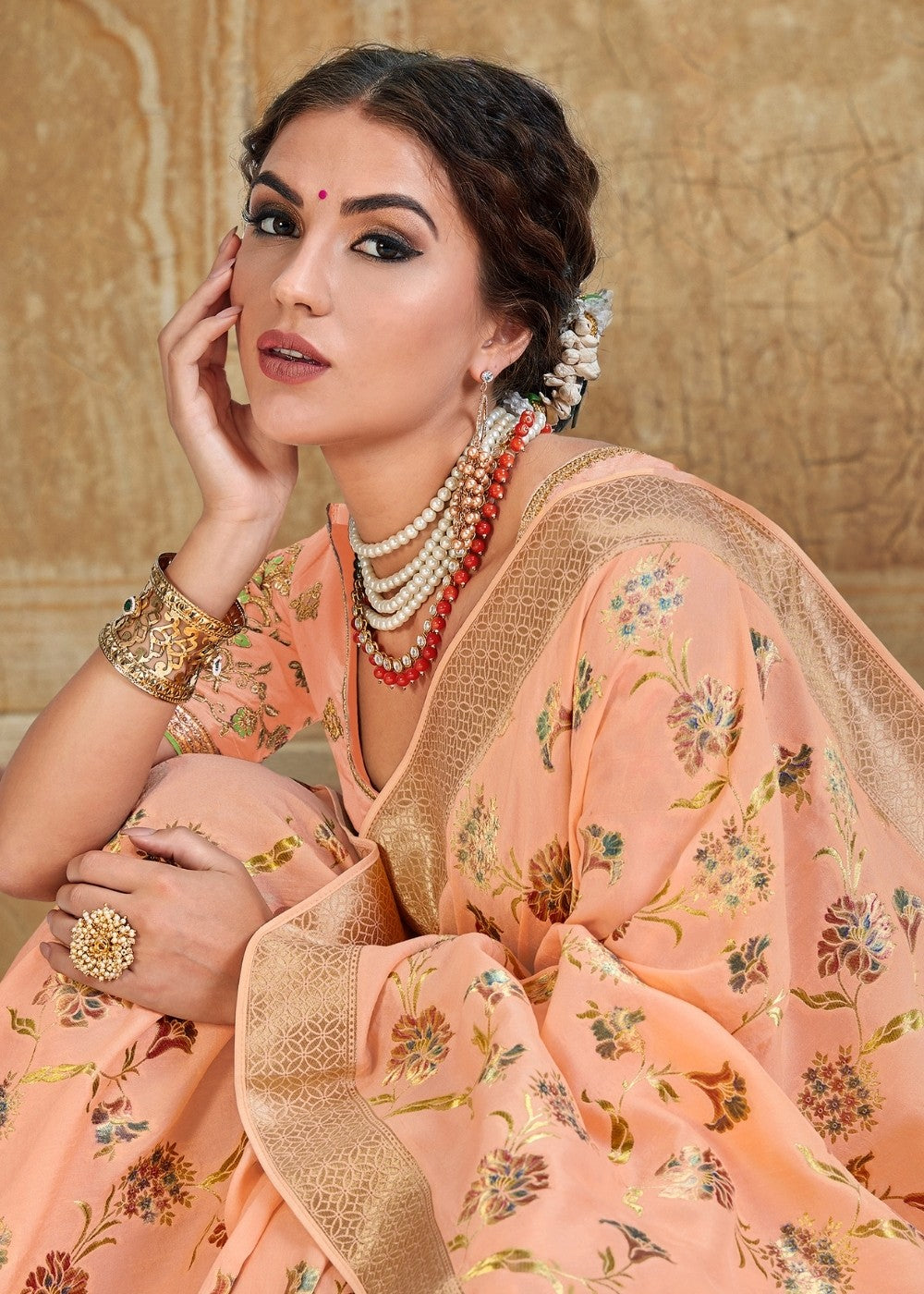 Peach Blended Silk Saree with Golden Border