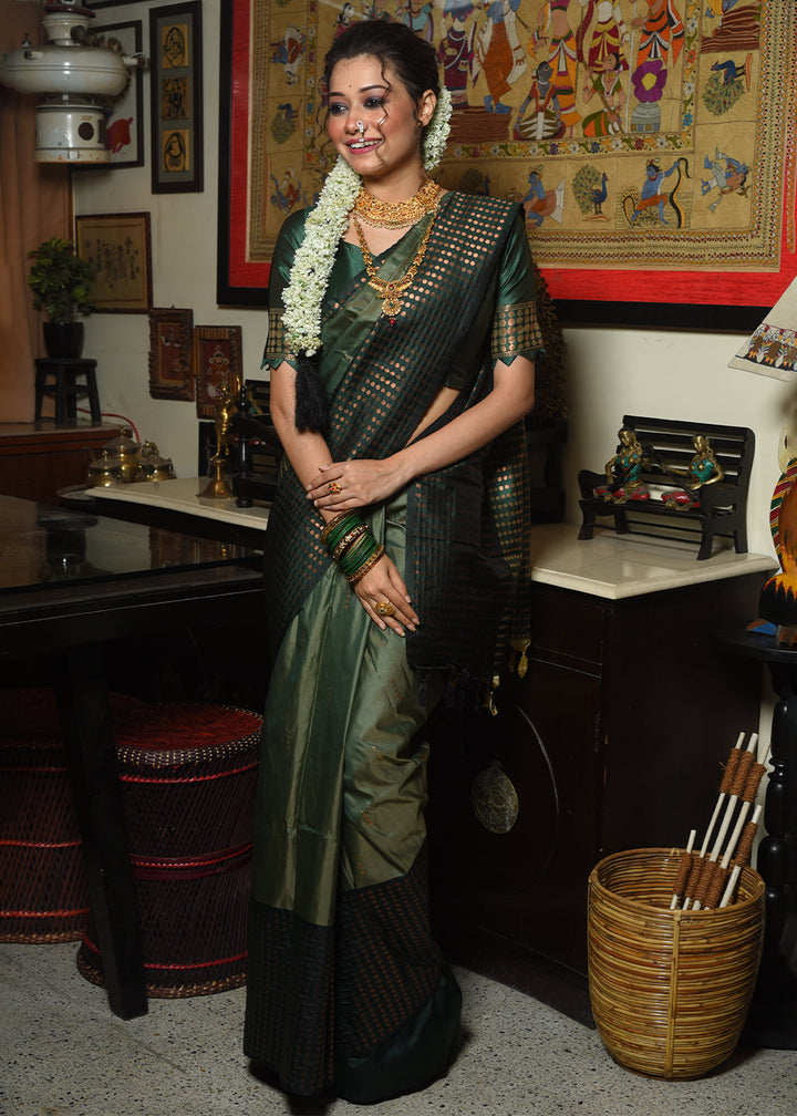 Mehendi Green Two Tone Zari Woven Banarasi Silk Saree