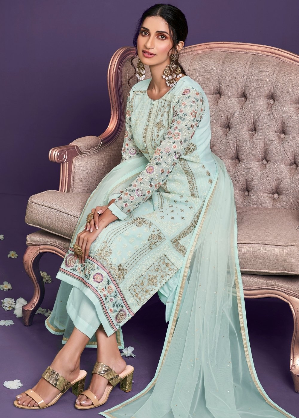 Sky Blue Georgette Salwar Suit with Thread, Zari & Sequence work