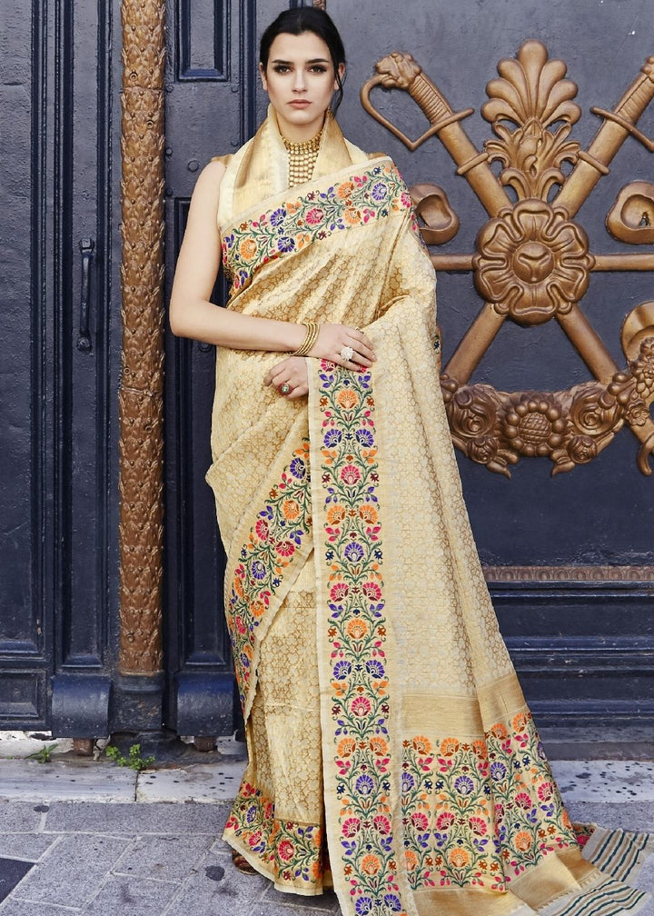 Cream and Golden Blend Silk Saree with Floral Woven Border and Pallu