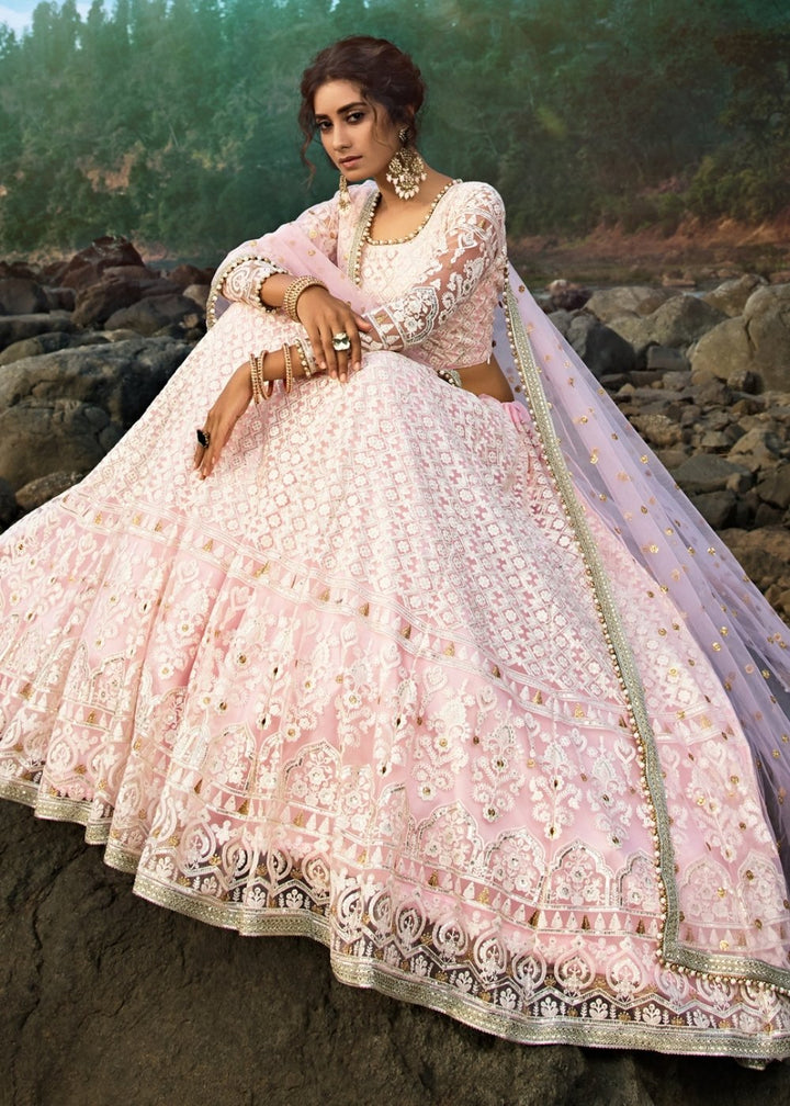 Pale Pink Designer Soft Net Lehenga Choli with Sequins, Thread & Zari work