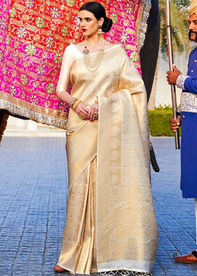 White Gold Handloom Weave Kanjivaram Silk Saree
