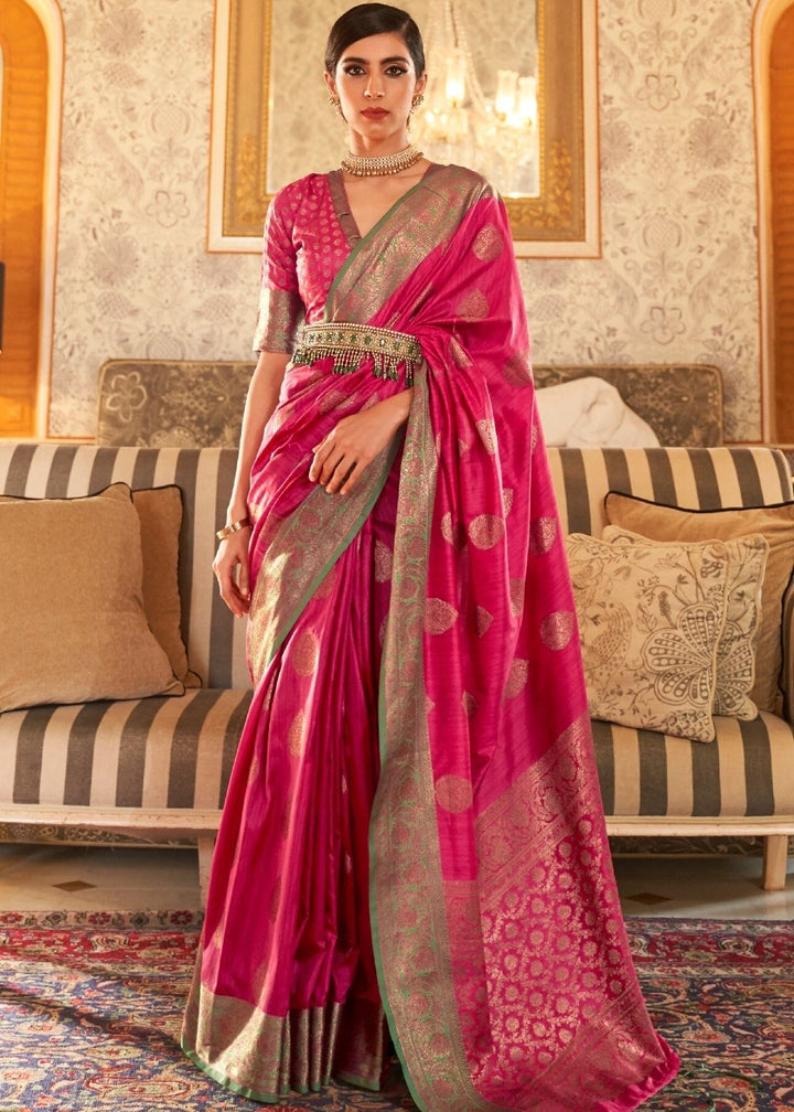 Ruby Pink Woven Banarasi Tussar Silk Saree