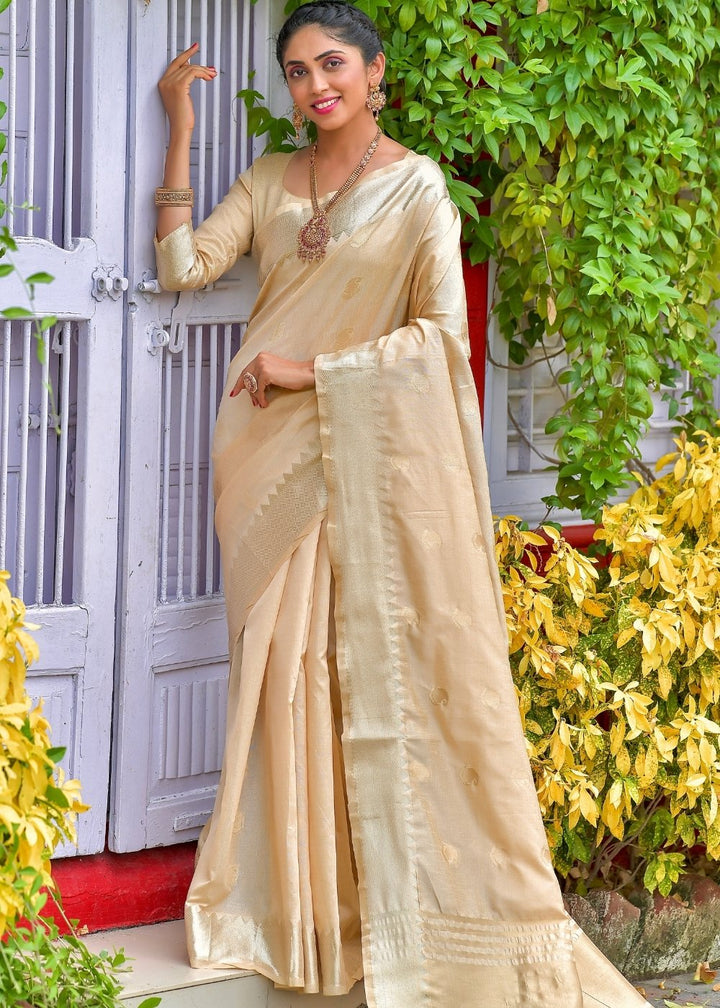 Linen White Assam Silk Saree with Zari Weaving Butti overall