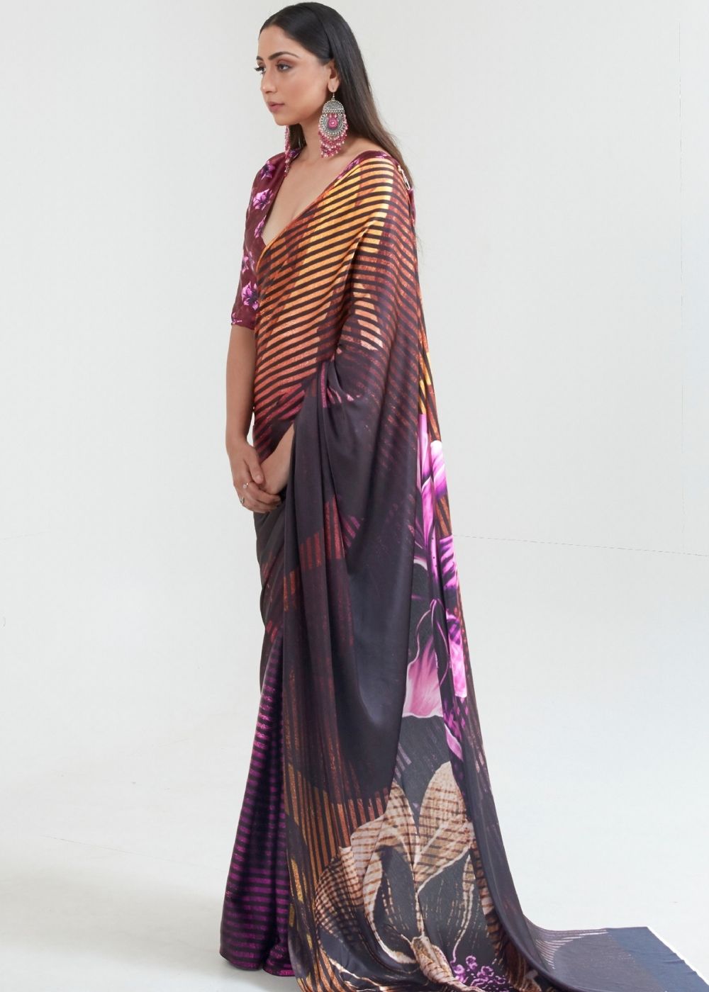 Umber Brown & Black Satin Silk Digital Printed Saree