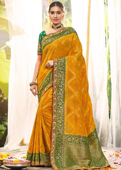 Gold Yellow Banarasi Dola Silk Saree with Resham Embroidery, Zari and Gotta Patti work