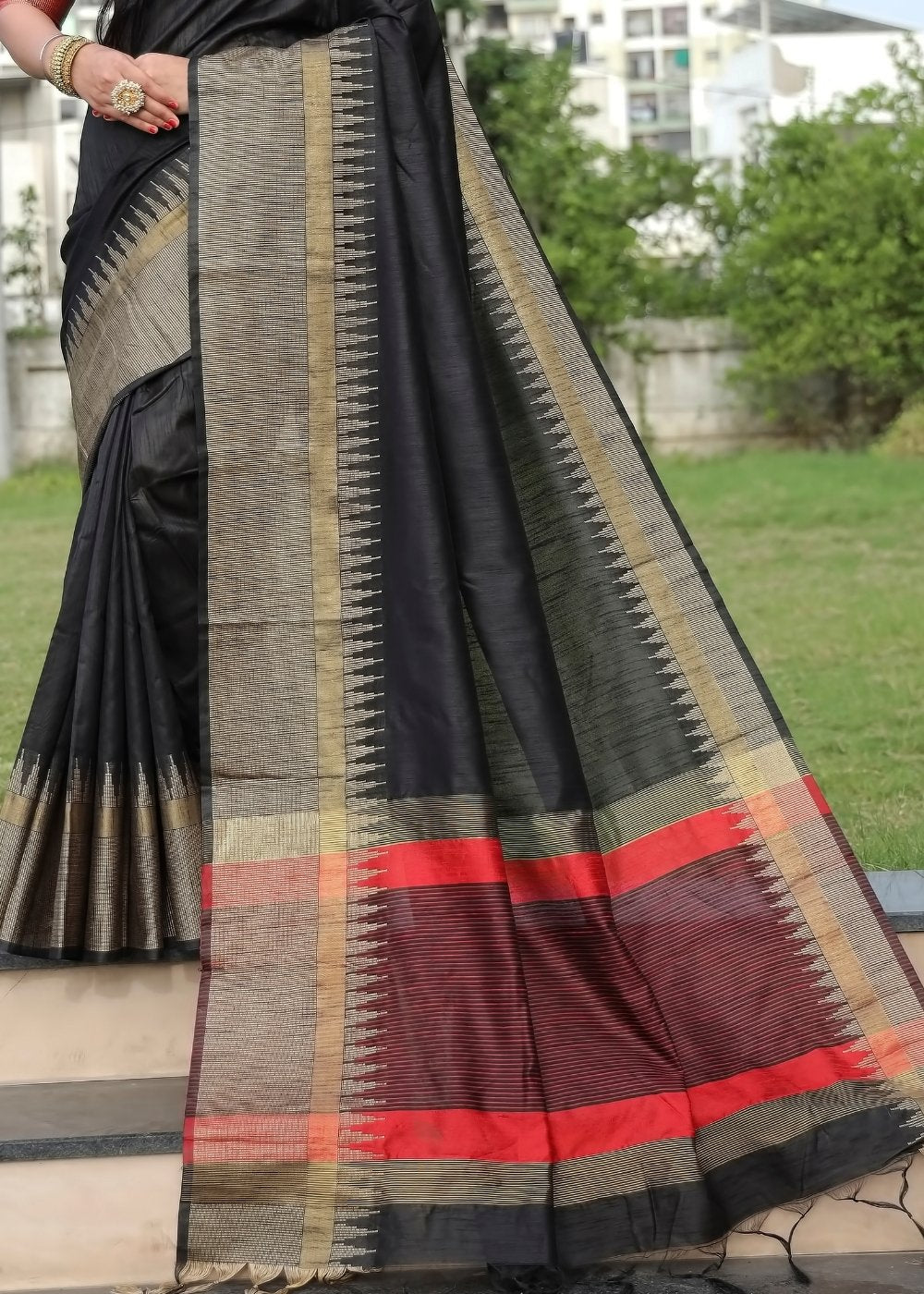 Onyx Black Art Silk Saree with Temple Border