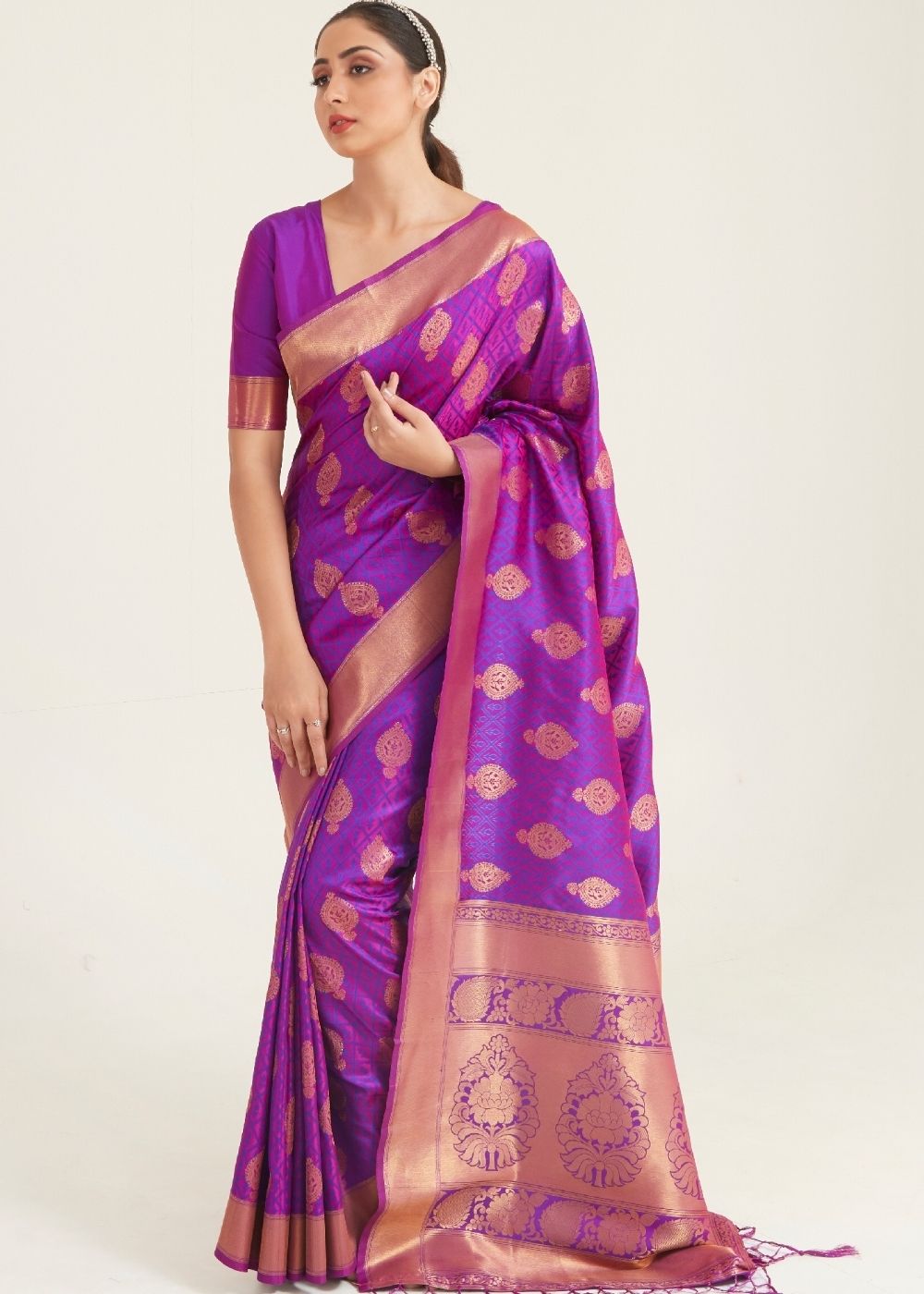 Royal Purple Zari Butta Woven Banasari Silk Saree