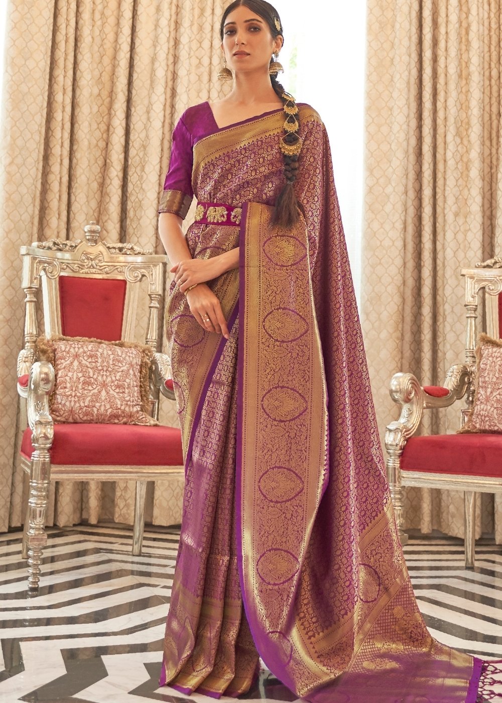 Irish Purple Zari Woven Kanjivaram Silk Saree with Tassels on Pallu