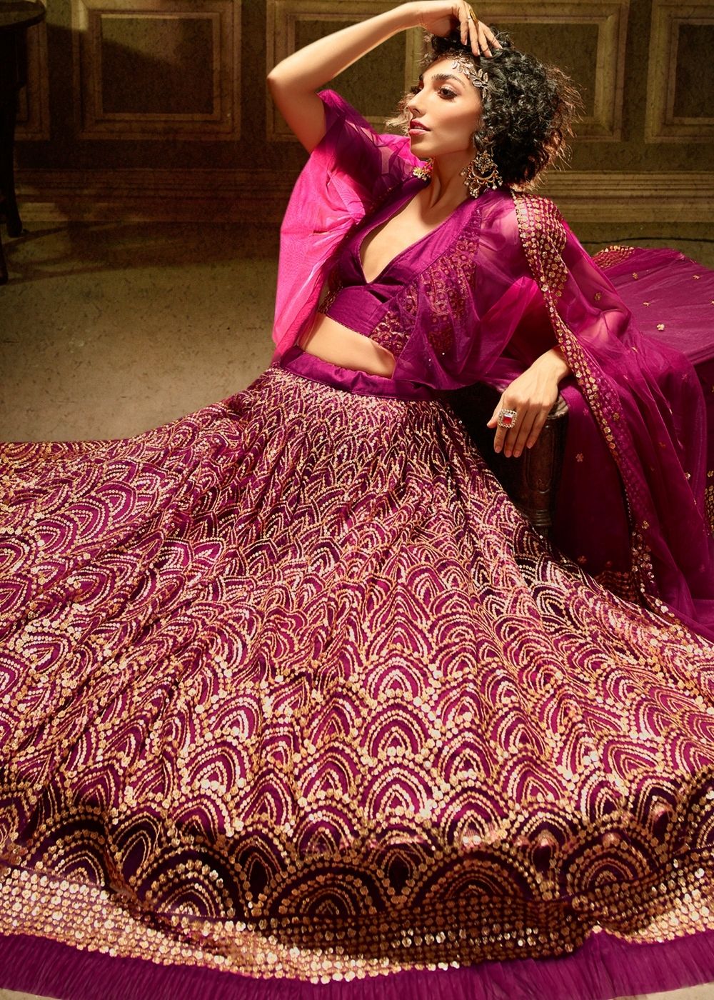 Red Violet Soft Net Designer Lehenga Choli with overall Sequins work