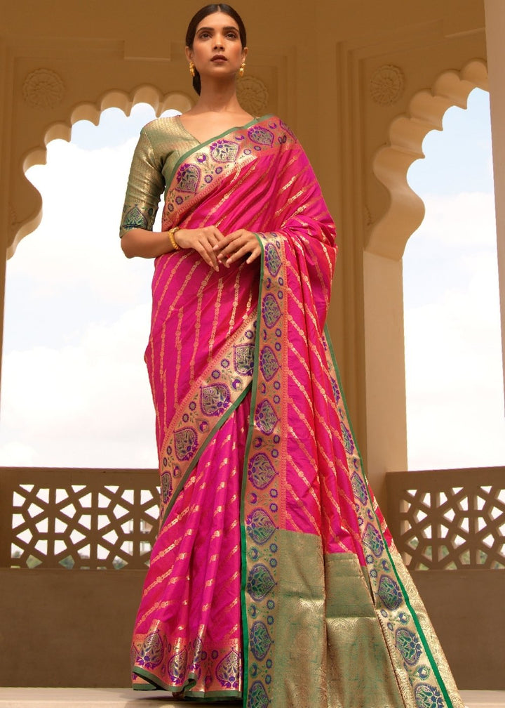 Hot Pink Woven Soft Banarasi Silk Saree with Contrast Pallu & Blouse