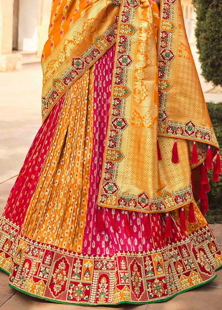 Orange & Red Banarasi Silk Lehenga Choli with Khatli work Embroidery