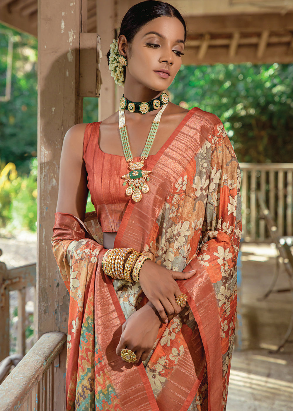 Multicolored Printed Dola Silk Saree