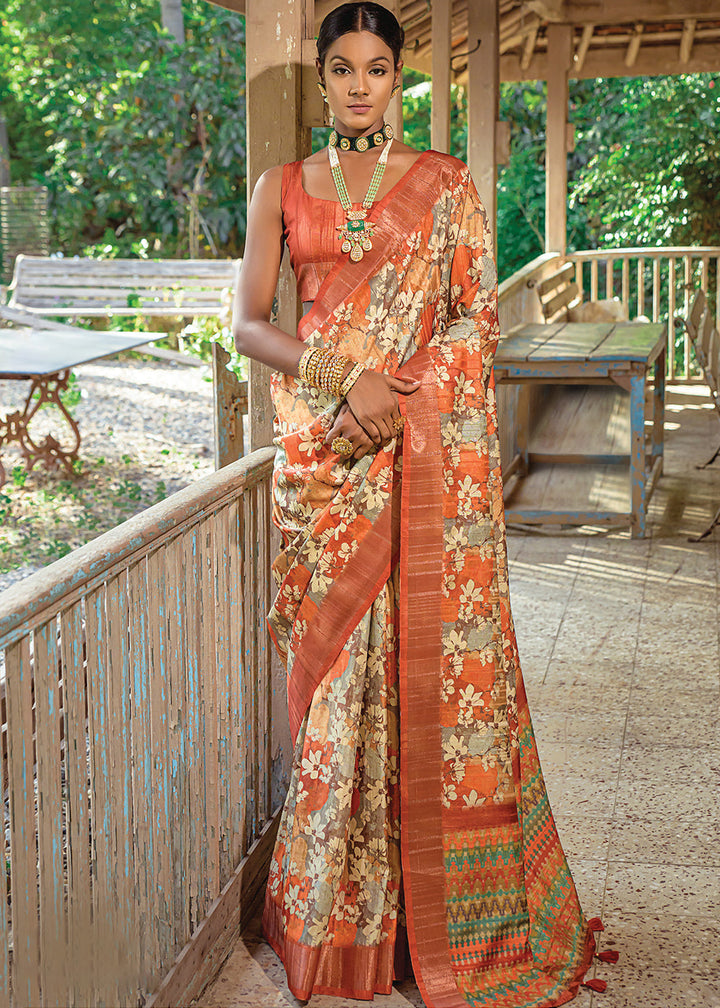 Multicolored Printed Dola Silk Saree