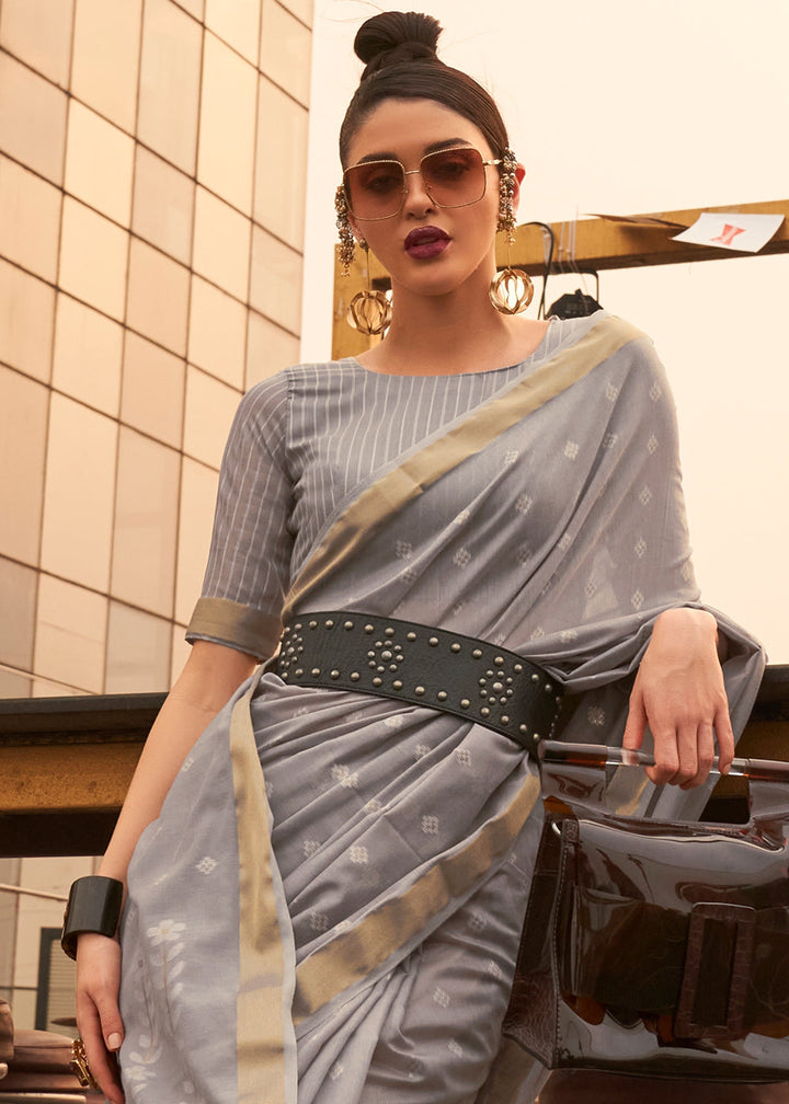 Steel Grey Handloom Weaving Banarasi Cotton Silk Saree