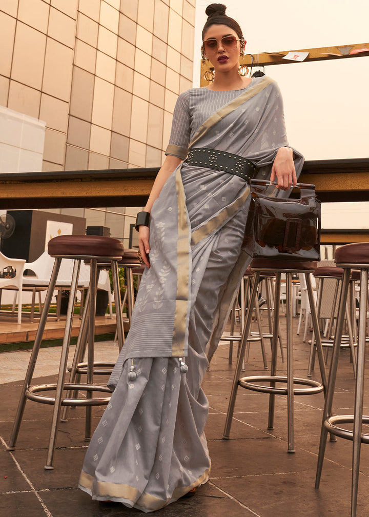 Steel Grey Handloom Weaving Banarasi Cotton Silk Saree