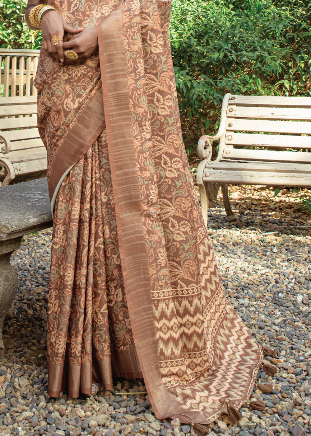 Shades Of Brown Printed Dola Silk Saree