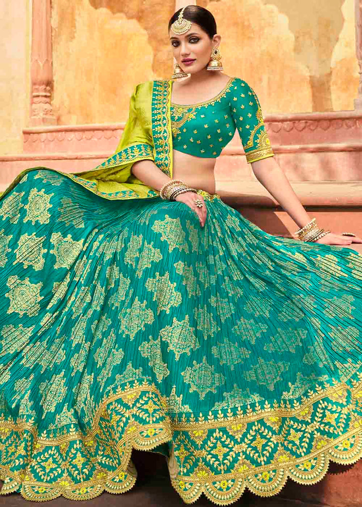 Turquoise Blue Banarasi Silk Lehenga Choli with Khatli work Embroidery