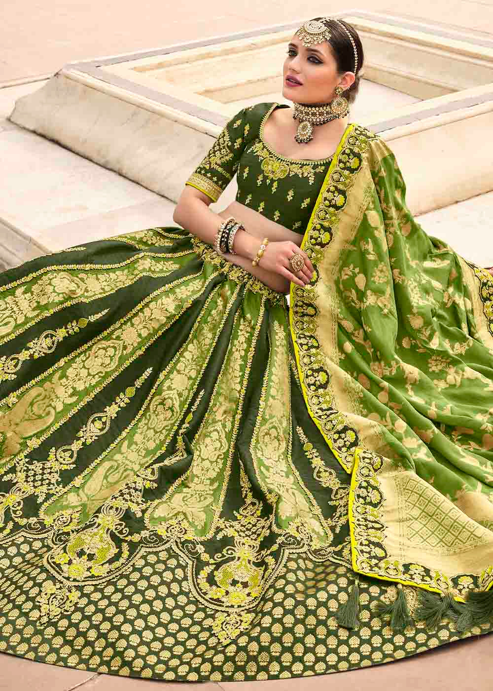 Shades Of Green Banarasi Silk Lehenga Choli with Khatli work Embroidery