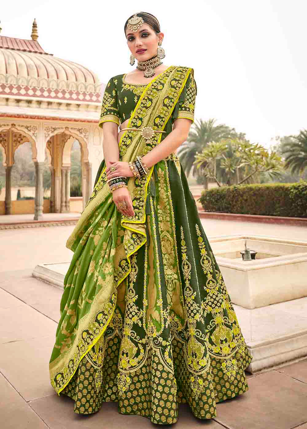 Shades Of Green Banarasi Silk Lehenga Choli with Khatli work Embroidery