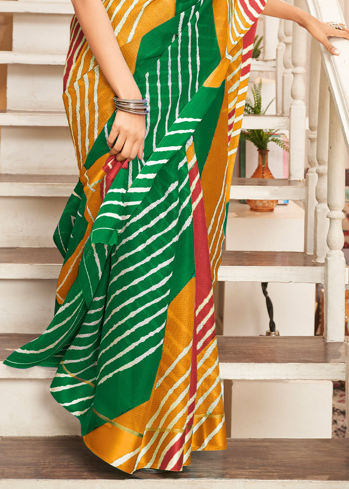 Yellow & Green Leheriya Printed Cotton Saree : Top Pick