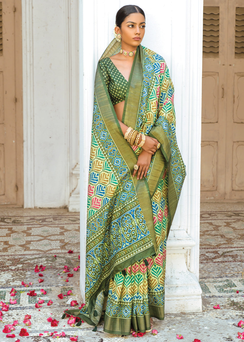 Shades Of Green Patola Printed Dola Silk Saree