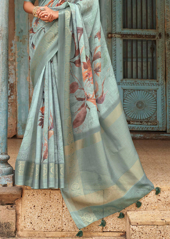 Shades Of Blue Floral Printed linen Saree with Zari Border