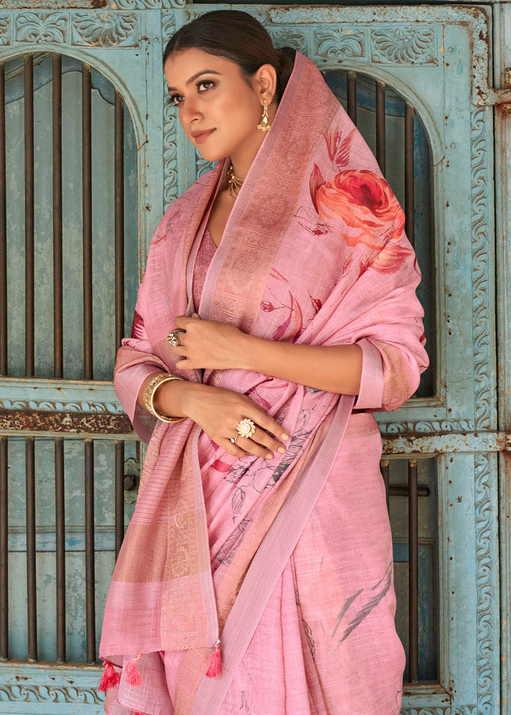 Vivid Pink Floral Printed linen Saree with Zari Border