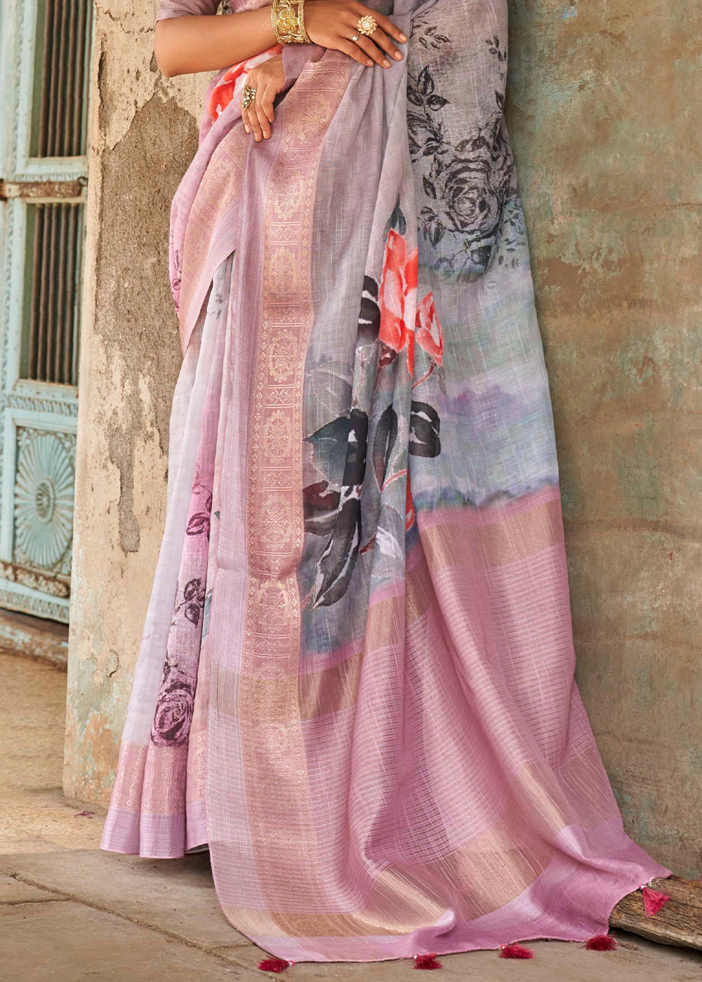 Shades Of Pink Floral Printed linen Saree with Zari Border