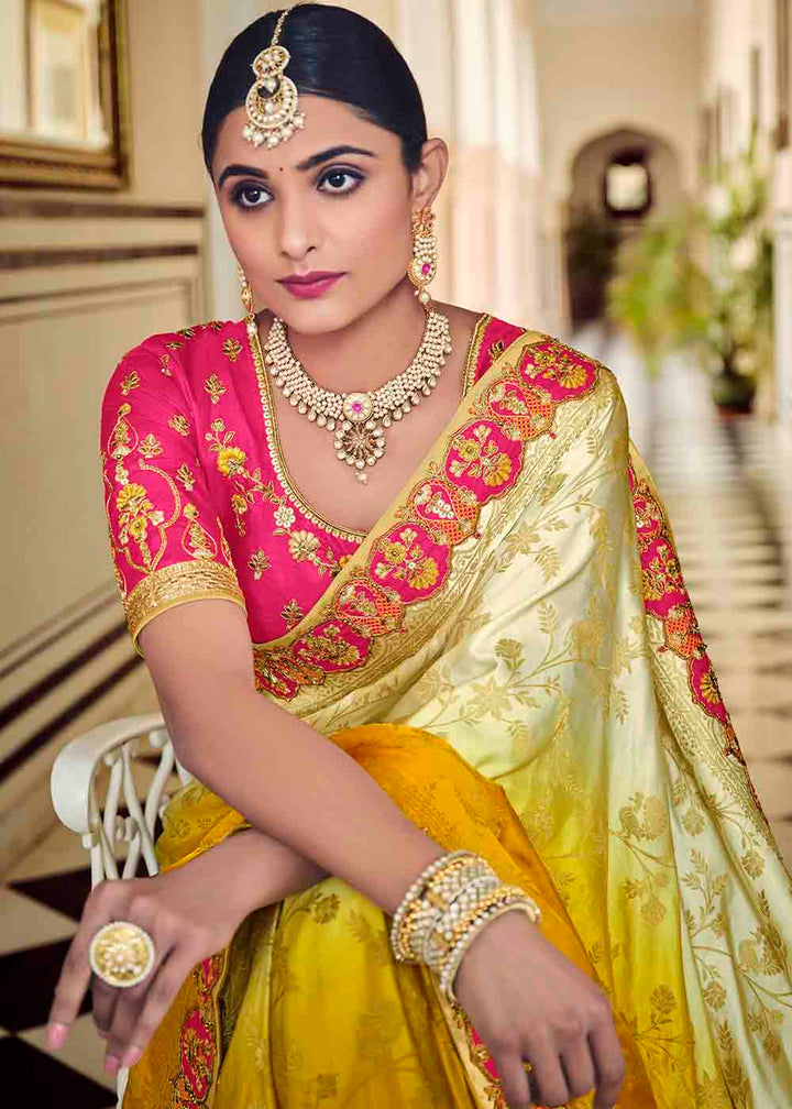 White & Yellow Floral Zari Woven Banarasi Silk Saree with Embroidered Blouse: Top Pick