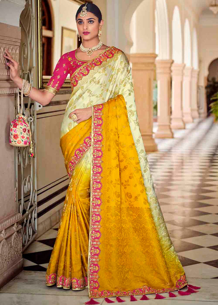 White & Yellow Floral Zari Woven Banarasi Silk Saree with Embroidered Blouse