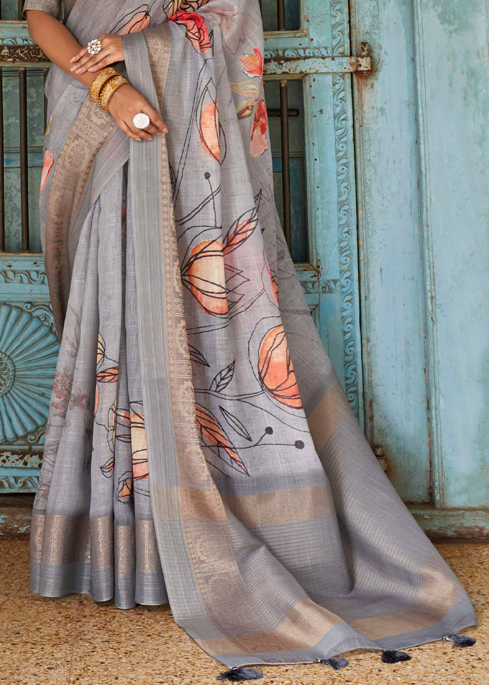 Shades Of Grey Floral Printed linen Saree with Zari Border