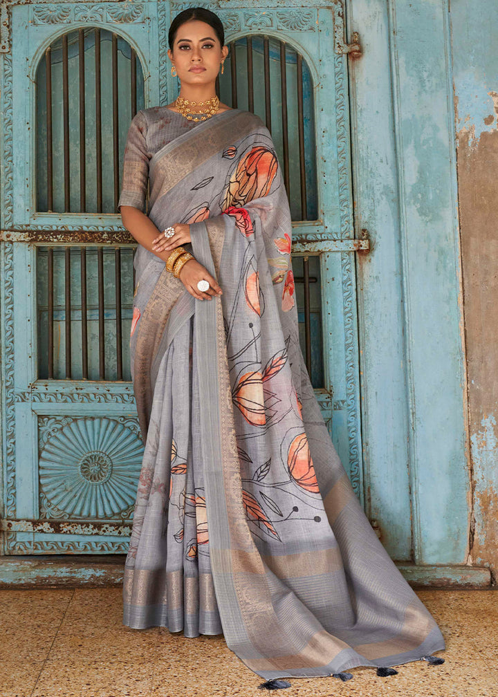 Shades Of Grey Floral Printed linen Saree with Zari Border