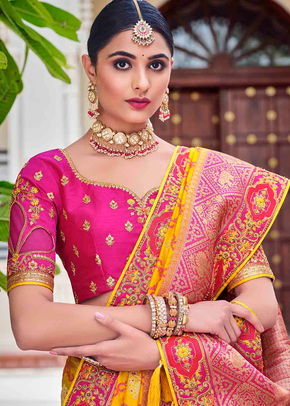 Yellow & Pink Floral Zari Woven Banarasi Silk Saree with Embroidered Blouse: Top Pick