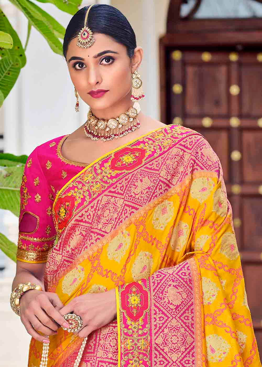 Yellow & Pink Floral Zari Woven Banarasi Silk Saree with Embroidered Blouse