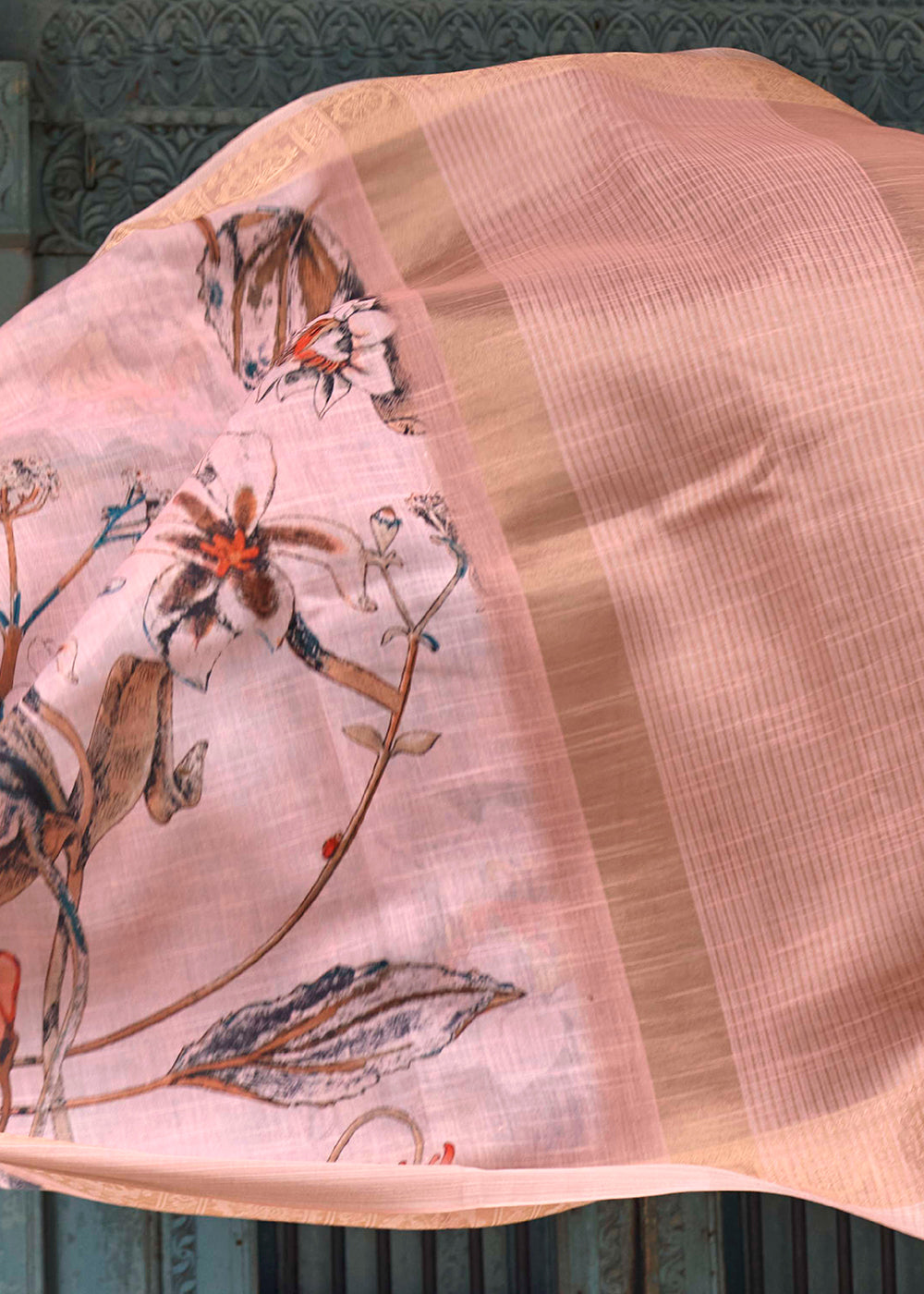 Peach Pink Floral Printed linen Saree with Zari Border