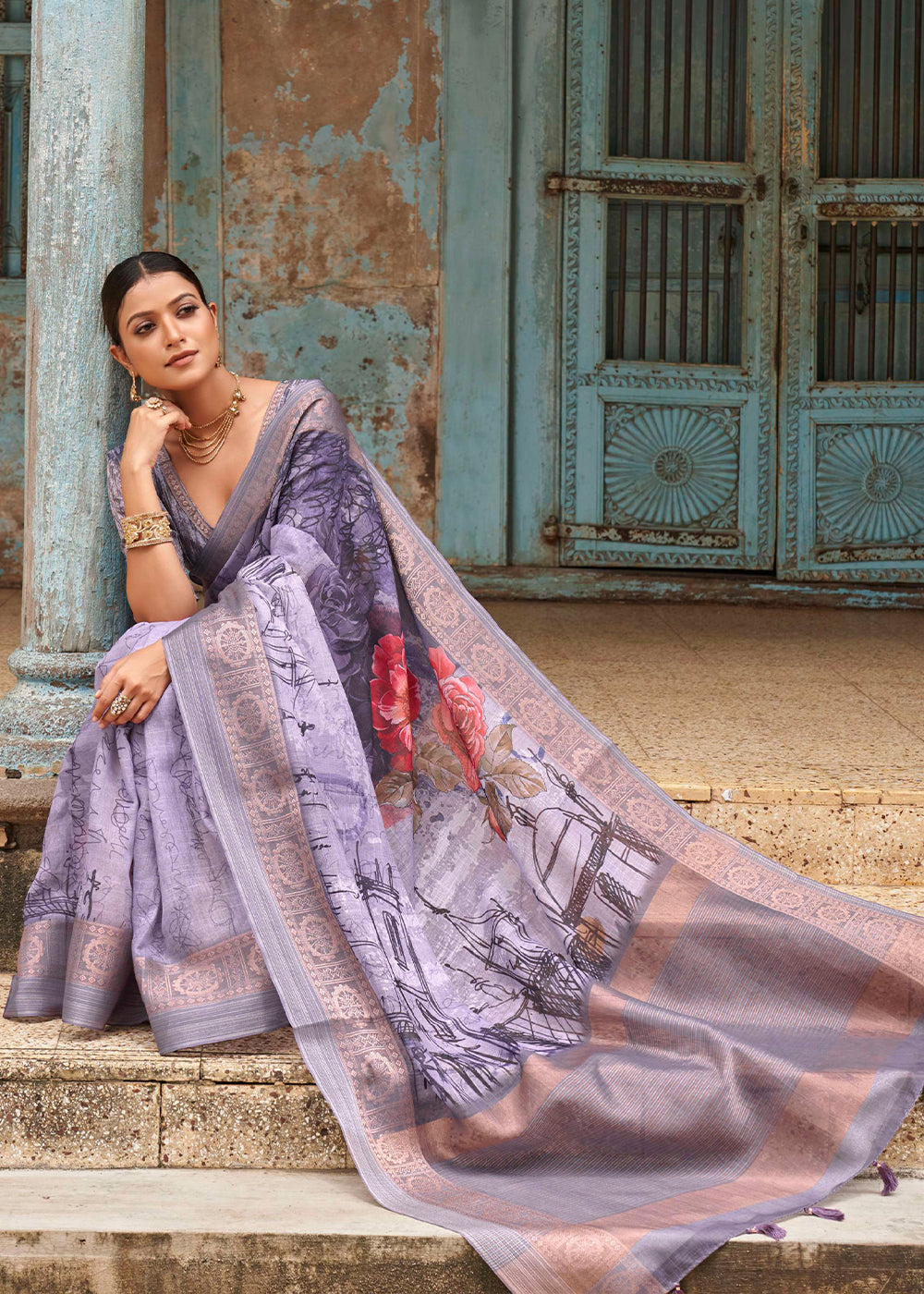 Shades Of Purple Floral Printed linen Saree with Zari Border