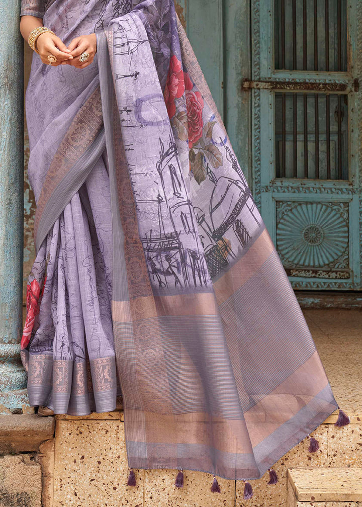 Shades Of Purple Floral Printed linen Saree with Zari Border