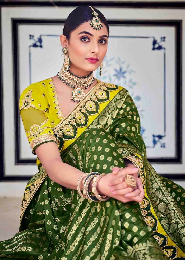 Basil Green Floral Zari Woven Banarasi Silk Saree with Embroidered Blouse