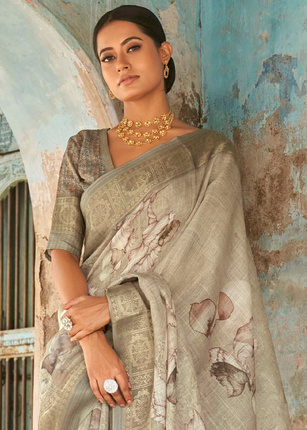 Brownish Grey Floral Printed linen Saree with Zari Border