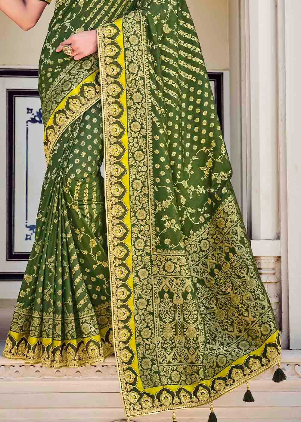 Basil Green Floral Zari Woven Banarasi Silk Saree with Embroidered Blouse