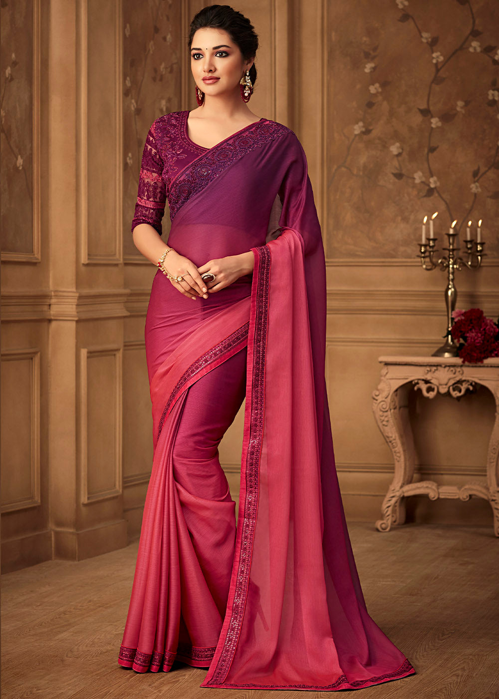 Pink & Purple Designer Embroidered Chiffon Silk Saree with Sequence work
