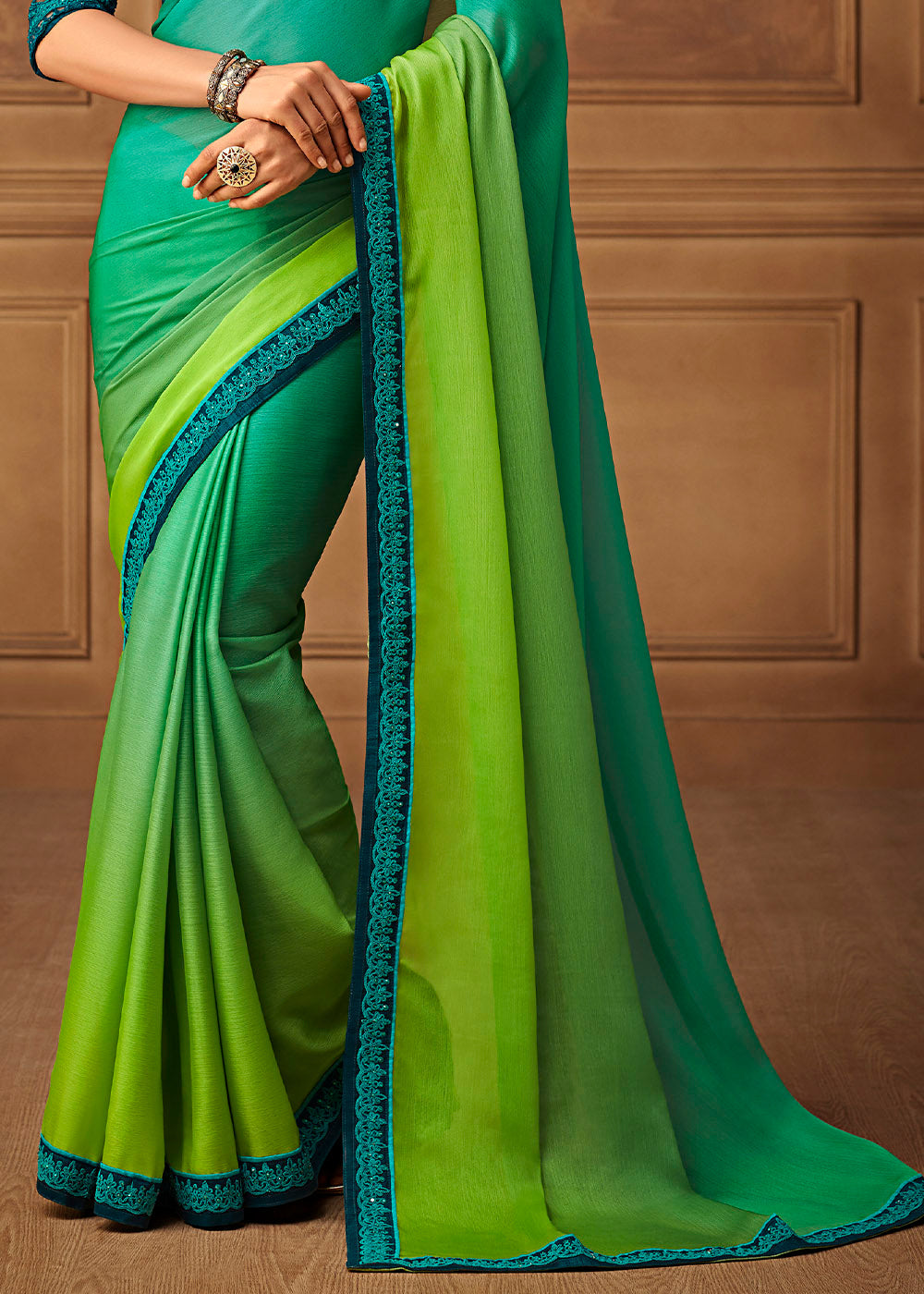 Shades Of Green Designer Embroidered Chiffon Silk Saree with Sequence work